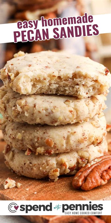 Three Pecan Cookies Stacked On Top Of Each Other With Text Overlay That Reads Easy Homemade