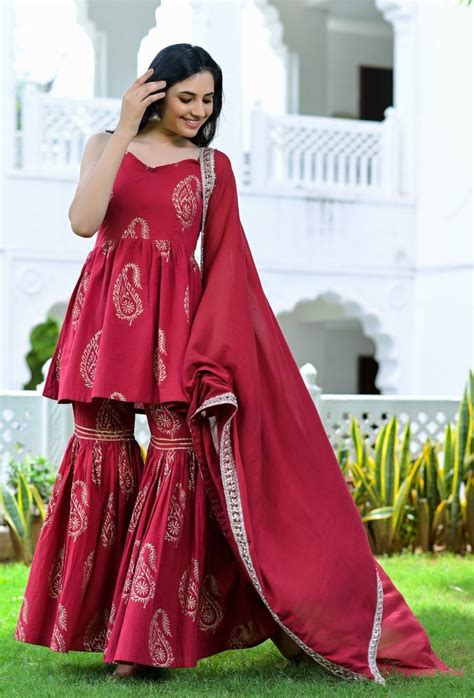 Rayon Printed Gold Print Peplum Kurta Sharara Dupatta Set Red At Rs