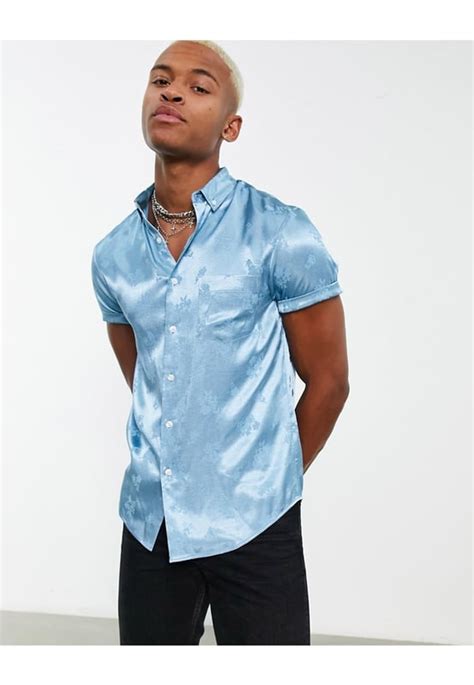 Asos Design Regular Fit Satin Shirt In Blue Floral Jacquard