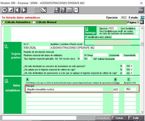 Modelo 390 Error en el epígrafe 862 C Epígrafe IAE Principal incorrecto