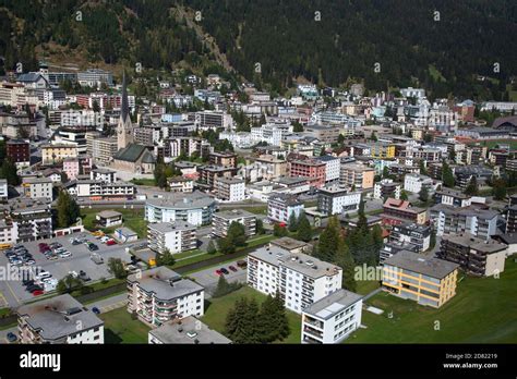 Aerial View Of Davos City And Lake Davos Is Swiss City Famous