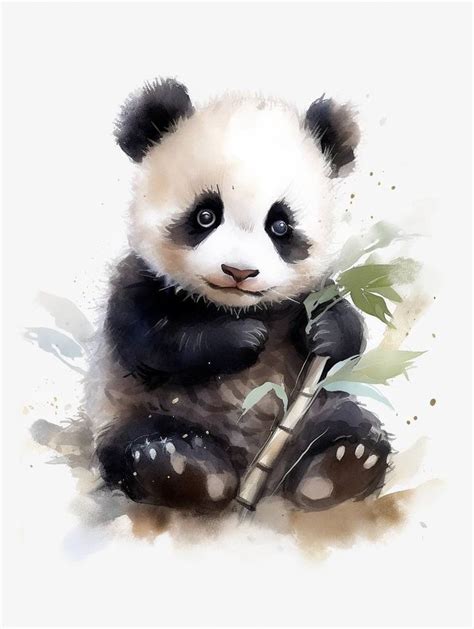 A Painting Of A Panda Bear Holding A Bamboo Stick