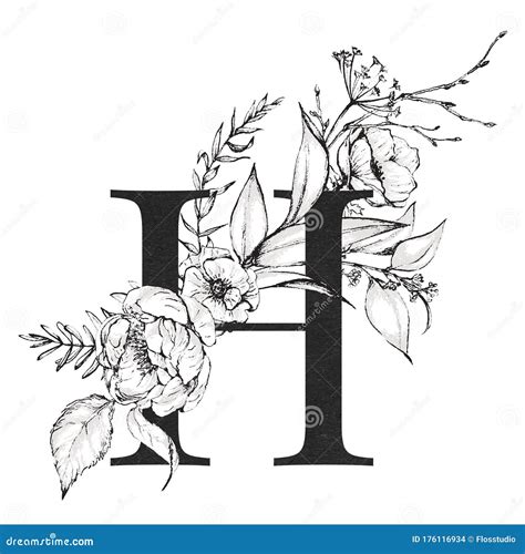 Graphic Floral Alphabet Letter H With Black And White Flowers Bouquet