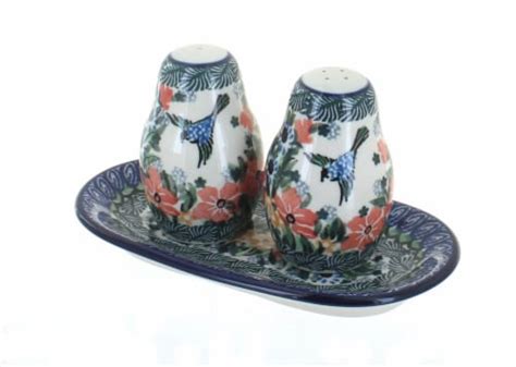 Blue Rose Polish Pottery Maria Salt Pepper Shakers With Tray Qfc