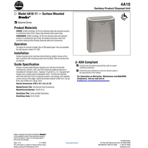 Bradley 4a10 11 Commercial Restroom Sanitary Napkin Disposal Surface