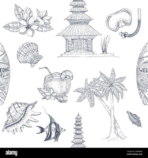 Isolated Hand Drawn Bali Seamless Elements Set In Monochrome Pattern