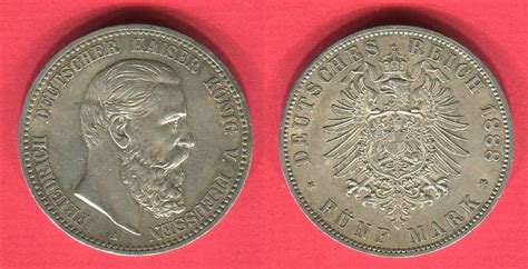 Preußen Prussia German Empire 5 Mark Silbermünze Kursmünze 1888 A