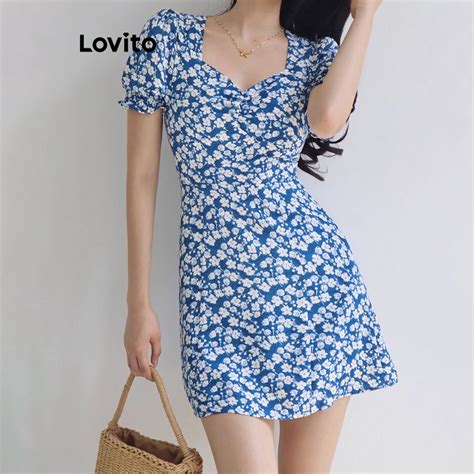 Lovito Casual Ditsy Floral Vestido Feminino Plissado De Manga Bufante