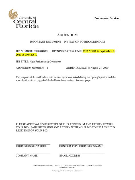 Fillable Online Procurement Ucf Addendum No 01 Addendum To Request For