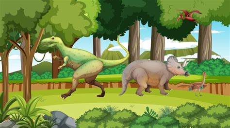 Dinosaurio En La Escena Del Bosque Prehist Rico Vector Gratis