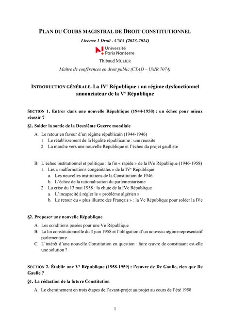 Plan Du Cours Magistral De Droit Constitutionnel Plan Du