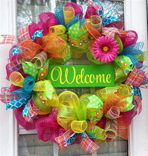 Summer Deco Mesh Door Wreath Summer Welcome Mesh Wreath Deco Mesh Wreaths Mesh Wreaths