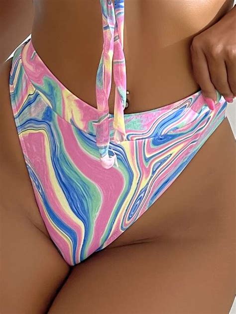 Shein Swim Vcay Pack Abstract Fluid Pattern Bikini Swimsuit With Cover