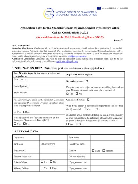 Fillable Online Application Form For The Specialist Chambers And