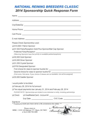 Fillable Online Sponsorship Quick Response Form National Reining