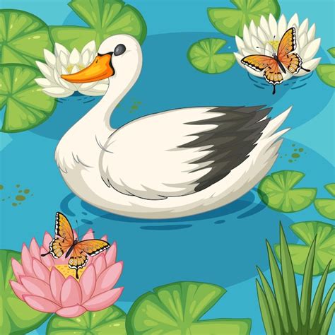 Premium Vector Serene Swan And Butterflies Pond Scene