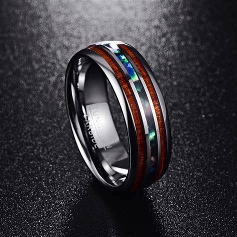 Tungsten Carbide Polished Abalone Shell Real Koa Wood Wedding Band For