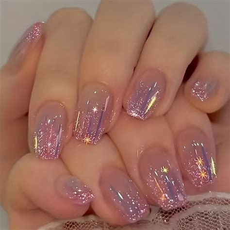 Pcs Glossy Short Square Fake Nails Aurora Purple Press On Nails With