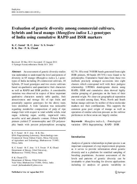 Pdf Evaluation Of Genetic Diversity Among Commercial Cultivars Hybrids And Local Mango