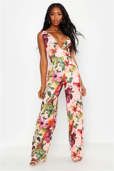 Womens Plunge Floral Jumpsuit Pink 2 Tailored Jumpsuit Pink