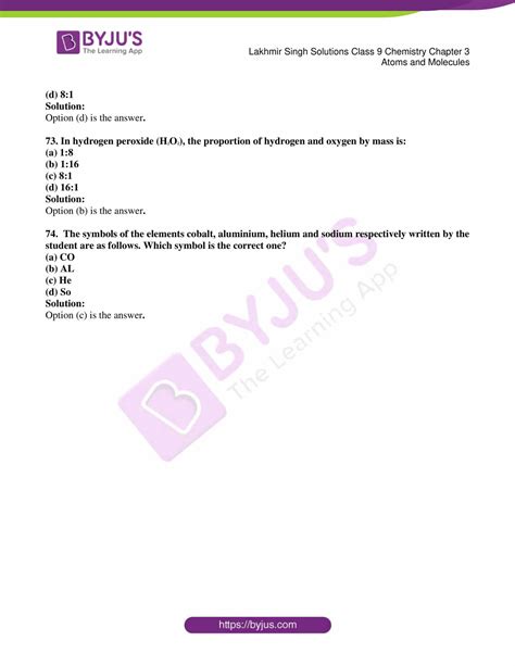 Lakhmir Singh Chemistry Class 9 Solutions For Chapter 3 Atoms And Molecules Free Pdf