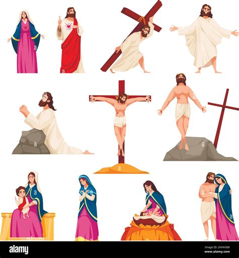 Holy Bible New Testament Cartoon Icons Set With Jesus Christ And Virgin