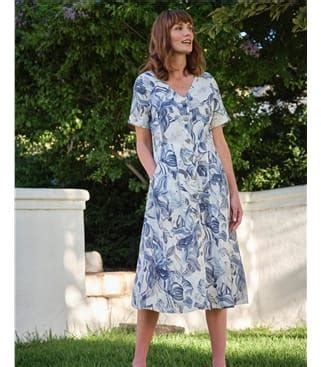 Wavy Floral Print Button Through Linen Dress WoolOvers AU