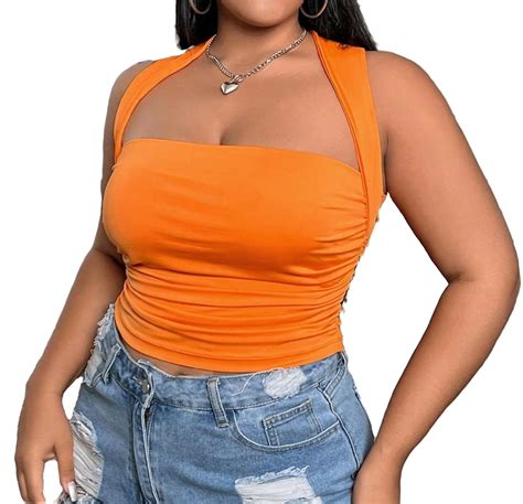 Casual Solid Tank Queen Anne Neckline Orange Plus Size Tank Tops