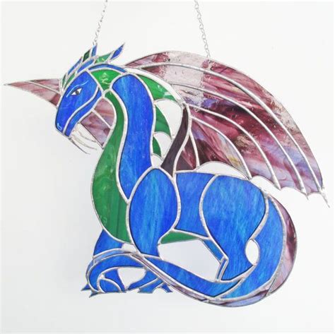 European Style Dragon In Blue And Purple Stained Glass Suncatcher Original Design Stained