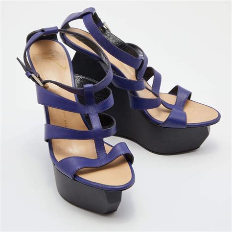 Giuseppe Zanotti Blue Leather Caged Strappy Platform Wedge Sandals Size