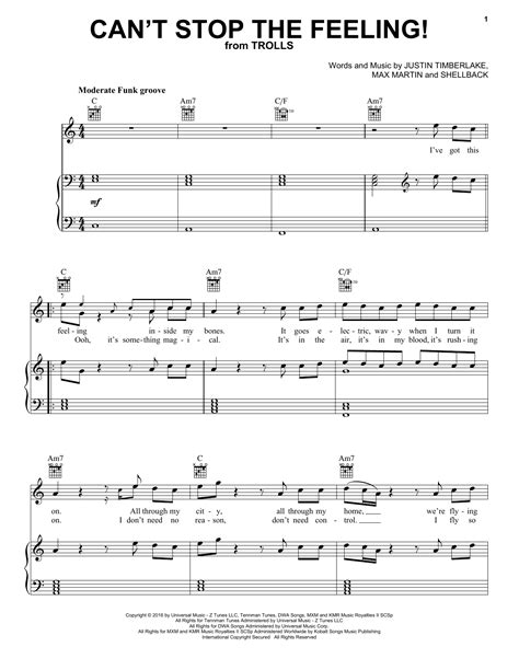 Cant Stop The Feeling By Justin Timberlake Sheet Music For Piano Vocal And Guitar Chords Right