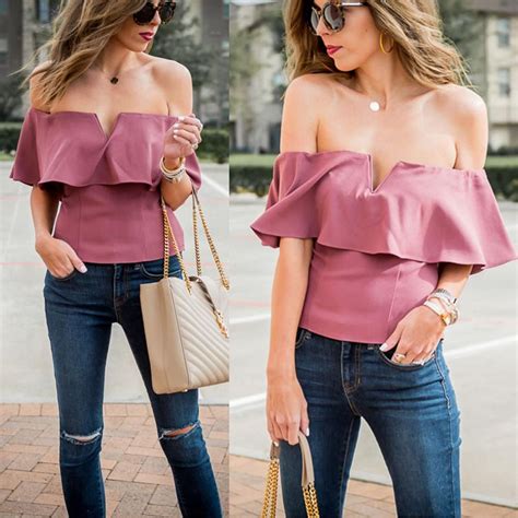 Fashion Womens Off Shoulder Tops Short Sleeve Shirt Casual Blouse