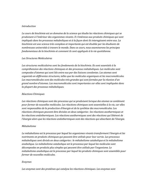 Biochemistry Study Notes Introduction Le Cours De Biochimie Est Un