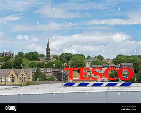 Sign on roof of Tesco store, Batley, West Yorkshire, England UK Stock Photo - Alamy