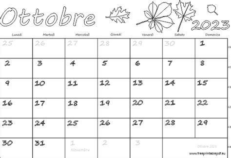 Calendario Ottobre Stampabile Pdf Liberi Di Stampa