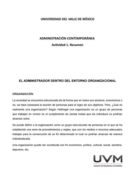 Actividad Resumen El Administrador Dentro Del Entorno Organizacional