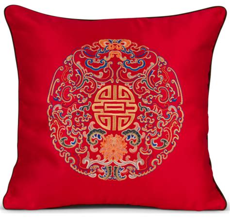 Royal Red Embroidered Longevity Motif Chinese Silk Pillow Asian