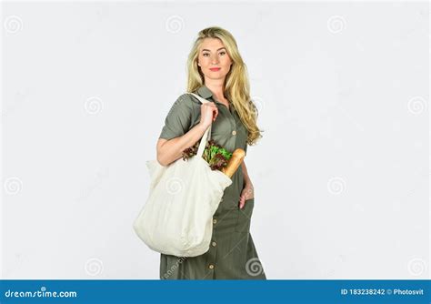 Bag With Groceries Reusable Eco Bag For Shopping Woman Holding