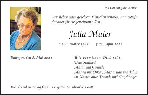 Traueranzeigen Von Jutta Maier Augsburger Allgemeine Zeitung