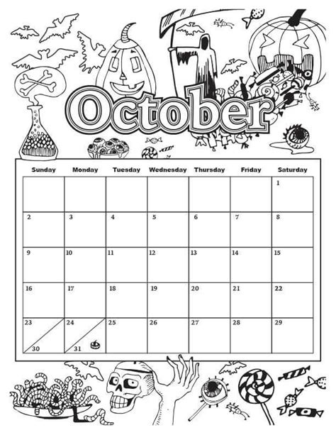 Halloween Calendar For October Coloring Pages Coloring Cool