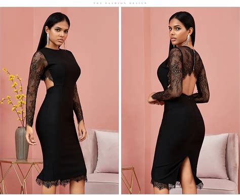 Black Lace Elegant Long Sleeve Bandage Dress