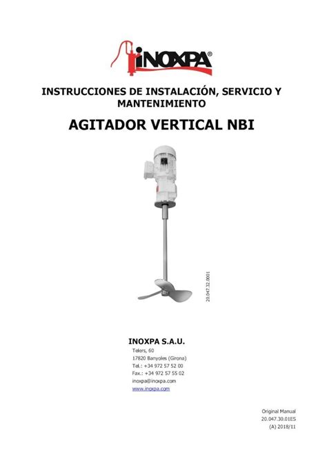 Pdf Agitador Vertical Nbi Inoxpa De Instrucciones De