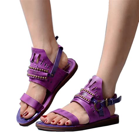 Women Gladiator Flats Sandals Purple Real Leather Flip Flops Ankle Strap Beach Summer Shoes