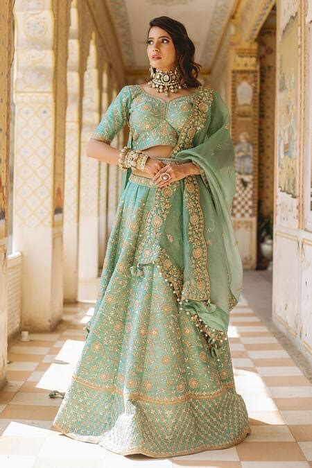 Buy Blue Pure Raw Silk Embroidered Floral Motifs V Neck Bridal Lehenga