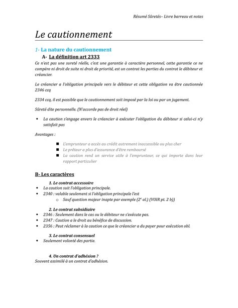 Cautionnement Résumé Sûretés Livre barreau et notes Le cautionnement