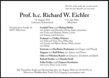 Traueranzeigen Von Richard Eichler SZ Gedenken De