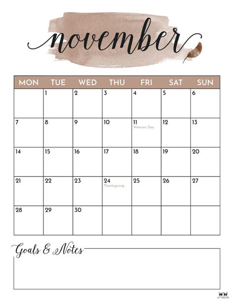 November Calendar Printable With Holidays