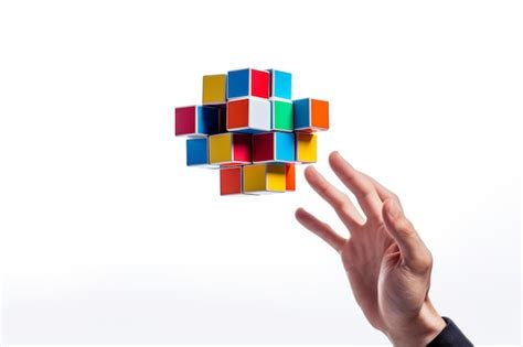 Premium Ai Image Man Hand Tossing A Floating Rubix Cube On White