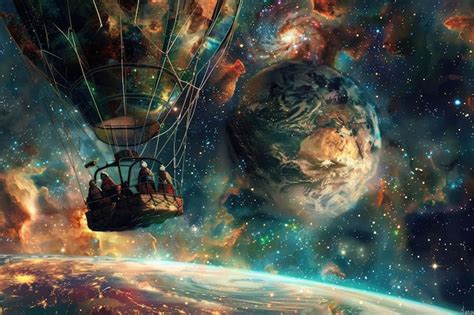 Premium Photo Hot Air Balloon Journey Against A Backdrop Of Earth And A Cosmic Starry Sky