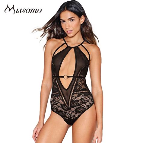 Missomo Solid Black Sexy Lace Print Bodysuits Women Lace Up Belt Hollow